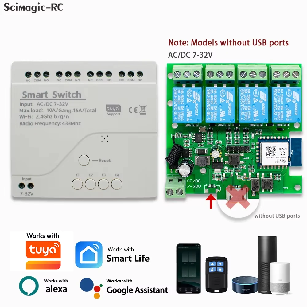 4CH Relay Smart Wireless Wifi Switch Module 7-32V 85-250V 220V 110V 2200W RF433 10A Receiver For Alexa work With tuya