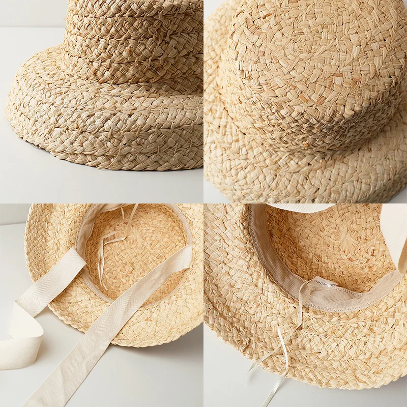 Sun Hat for Big Girls Hand-knitted Raffia Retro Flat Top Sun Hats Girls Summer Travel Sunscreen Vacation Straw Hat with Lacing