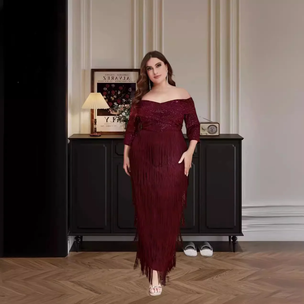 2024 New Plus Size Women Dress Elegant Sequins One Shoulder Tassel Party Dresses Fashion Solid Color Layered Evening Dresses