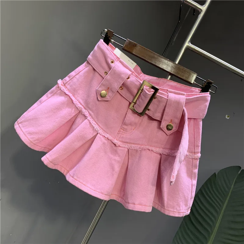 Sweet Pink Pleated Student Denim Skirt Women 2024 Spring New College Style Hot Girl Elegant High Waist A-Line Short Jean Skirts