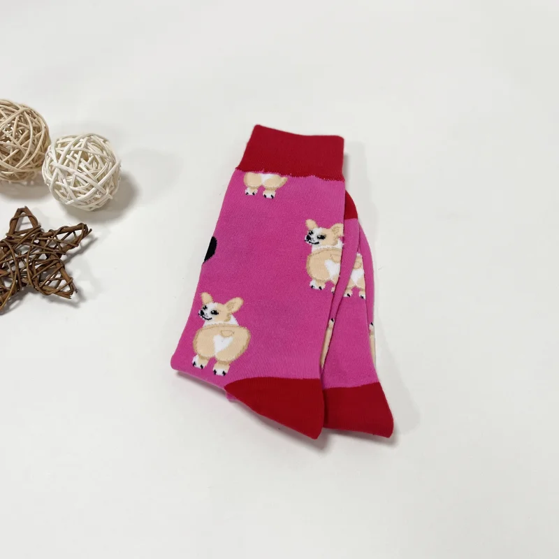 1 par de meias de cano médio femininas com padrão de corgi fofo de desenho animado personalizado para uso diário