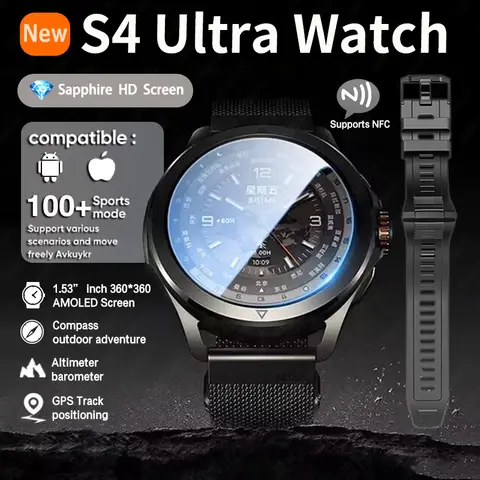 새로운 S4 울트라 아웃도어 스포츠 남성용 시계 HD AMOLED 디스플레이 GPS 트랙 고도계 심박수 블루투스 통화 방수 스마트 워치