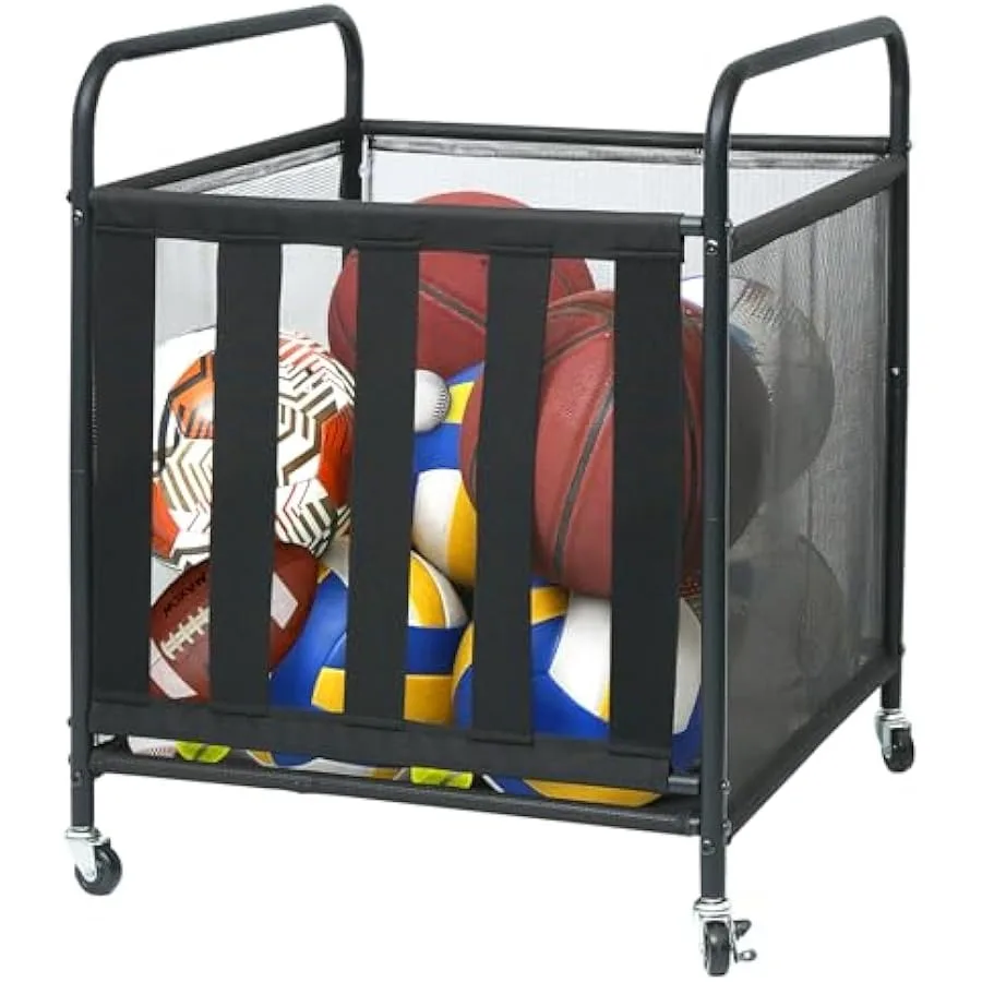 

Ball Storage Rack Sports Ball Storage Cart with Wheels and Handles Metal Sport Equipment Organizer Rack with Elastic Straps for
