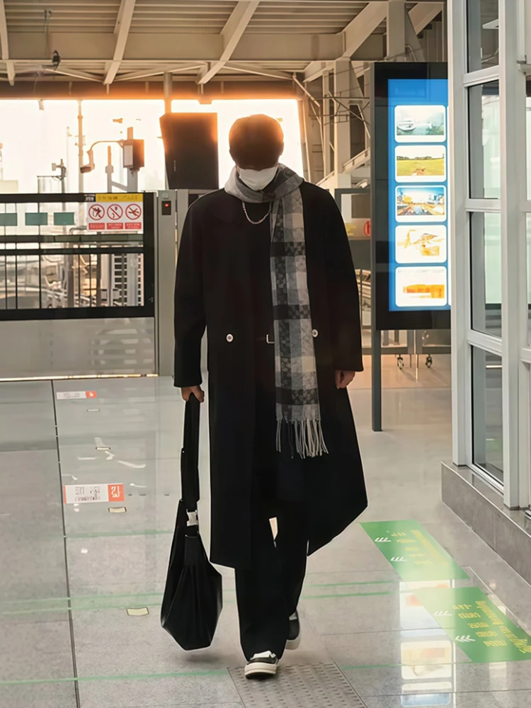 

Korean Sle Men's Bla oulder Pad Woolen Coat Autumn Winter Faionable Casual Long Windbreaker Jaet for Teens