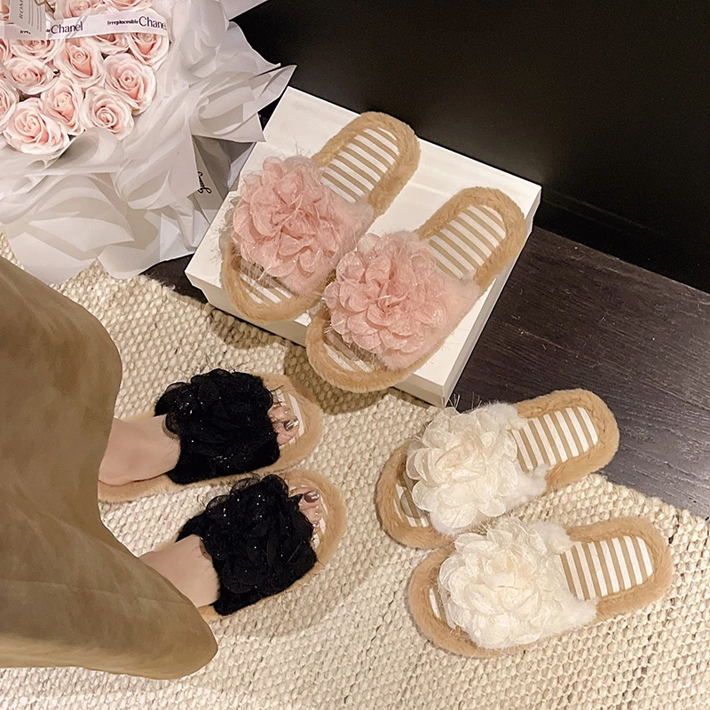 Gentle Breeze Mesh Floral Fuzzy Slippers for Women, Sweet Rose Flat Slippers, Girlish Home Casual One-strap Fuzzy Slides