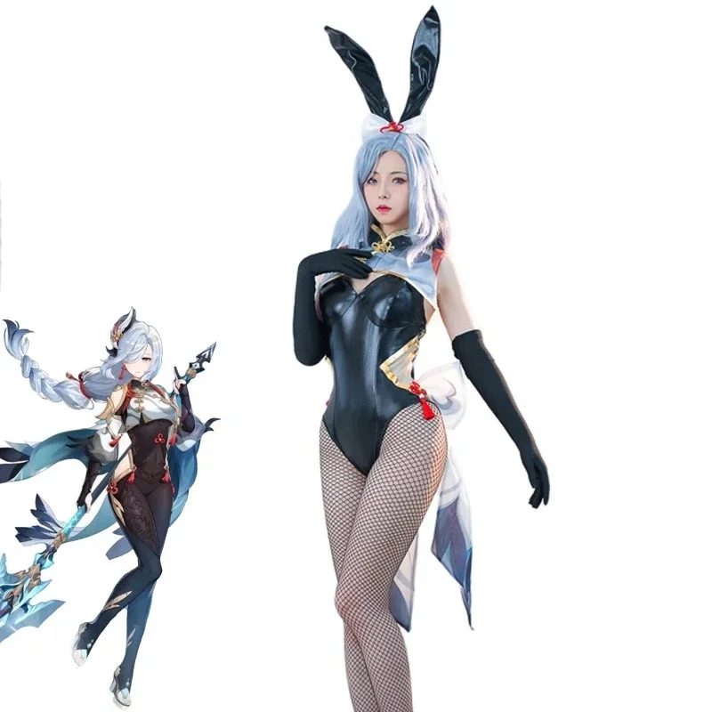 

Shenhe Bunny Girl Costume Genshin Impact Sexy Black Leather Jumpsuit Shenhe Halloween Cosplay Bunny Suit