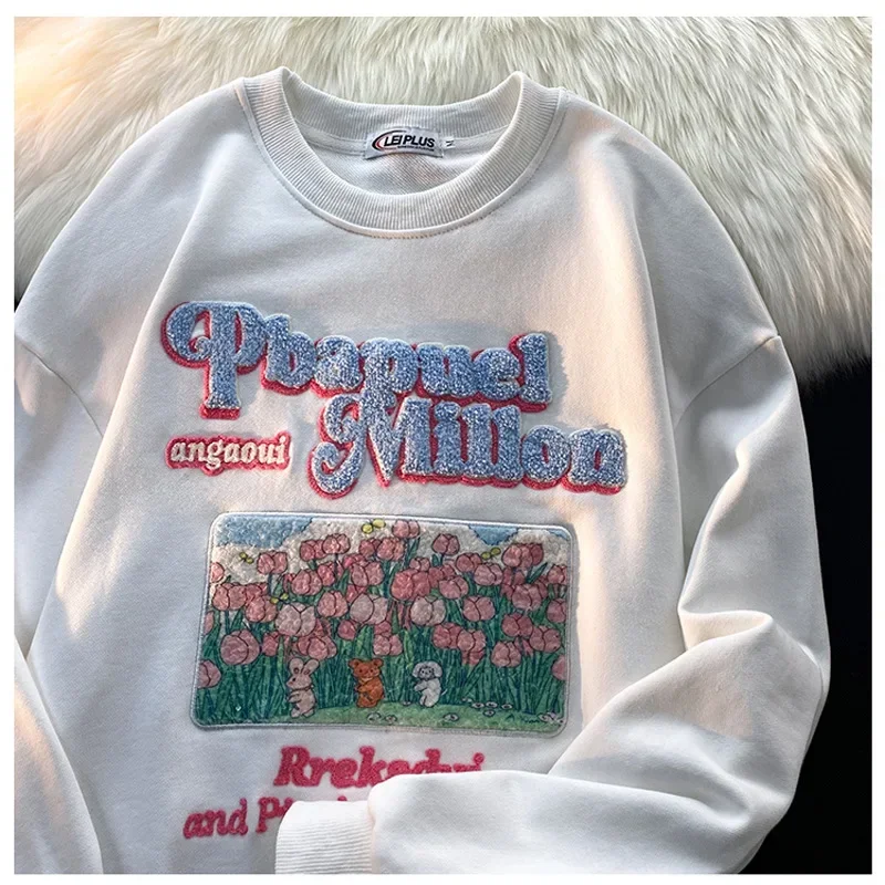 Harajuku Retro Top Print Sweatshirt Women Loose Streetwear Sweatshirts Korean Oversize Pullovers Embroidered Letter Hoodie Y2k