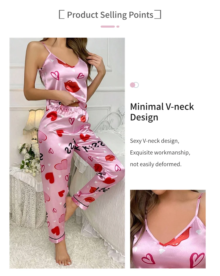 Damen-Pyjama-Sets aus Satin mit Blumenmuster, Spaghettiträger-Oberteilen und langen Hosen, Nachtwäsche, 2-teilig, ärmellos, Heimkleidung, Loungewear – Detail 10