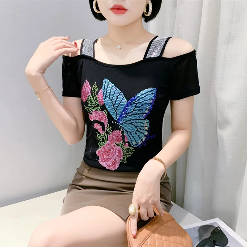 Streetwear Girl Summer Classic Butterfly Hot Diamonds T-shirt Sexy Off Shoulder Women Luxury Flowers Tops New Chic Slim Tees