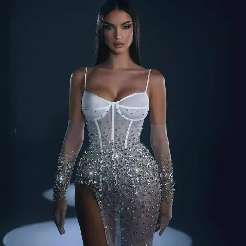 Robe pour femmes, gants à la mode, strass, cintré à la taille, bretelles en maille transparente, luxueuse robe de soirée Socialite, nouvelle collection 2025