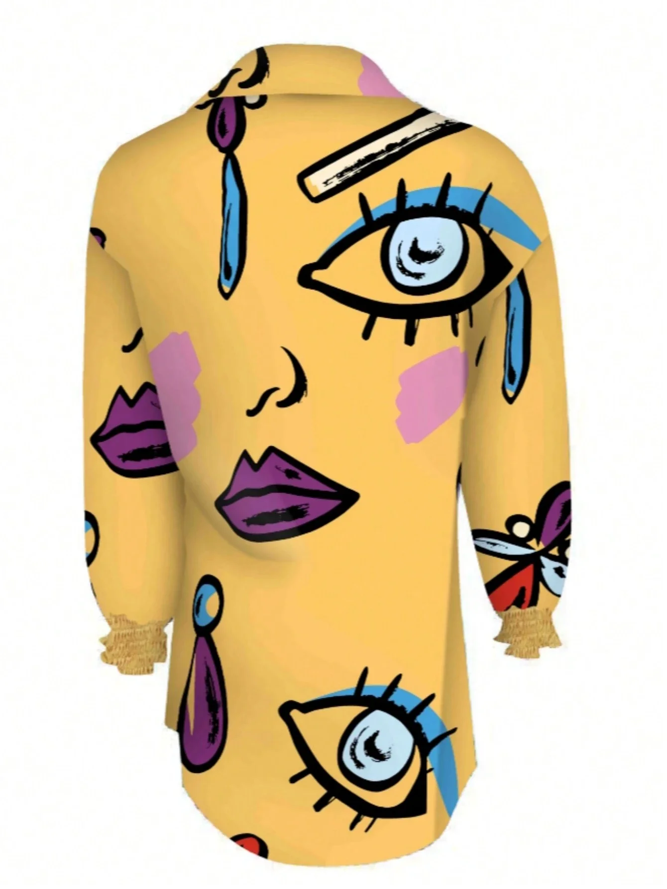 

Women's Cartoon Eye And Lips Print Single-Breasted Long Sleeve Shirt Dress Casual Spring