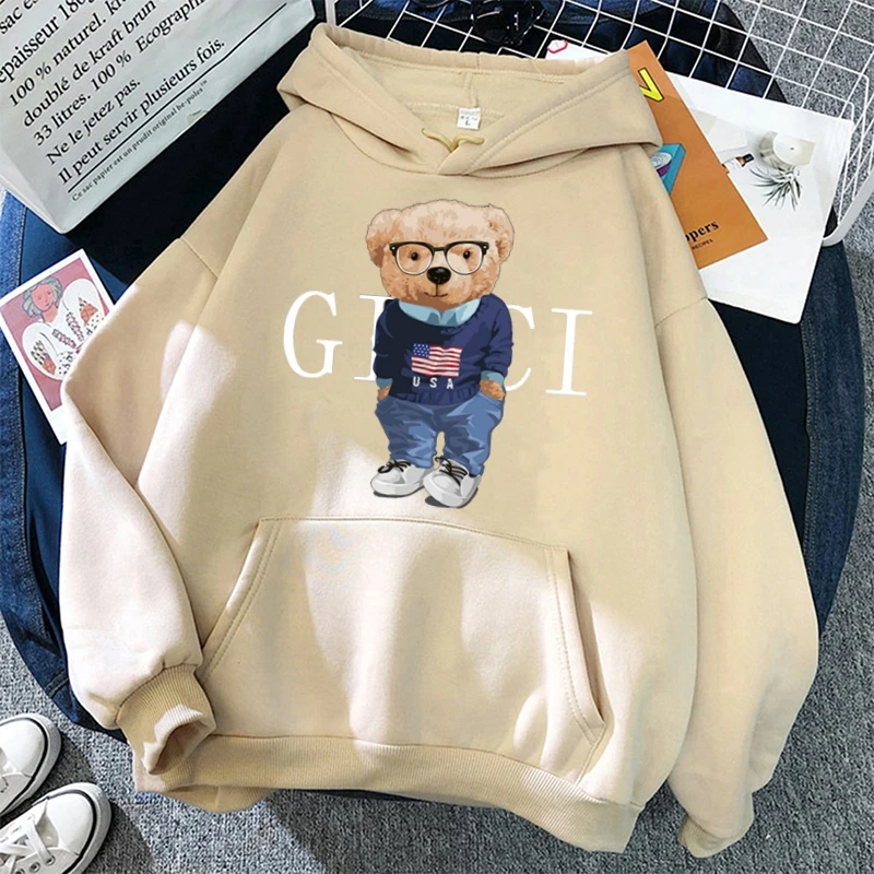 Hoodies Luxury Brand Bear Funny Women\'s Y2k Casual Print Sweatshirt Autumn Winter Lazy Style Loose Khaki Hoodie Fashion Clothing