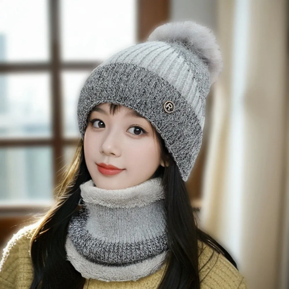 

Dome Hat Elastic Cap and Scarf Suit Ball Soft Winter Pullover Cap Contrast Color Trendy Compact Scarf Women