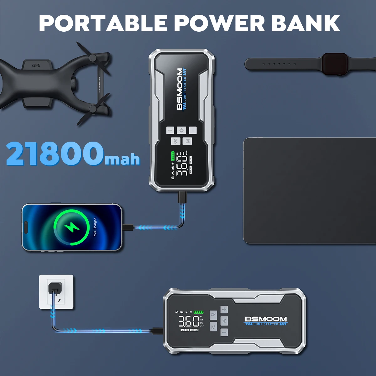 Picture 6: 5000A Portable Car Jump Start Battery Power Bank with LED Light Support Start 12V Engine with Storage Case