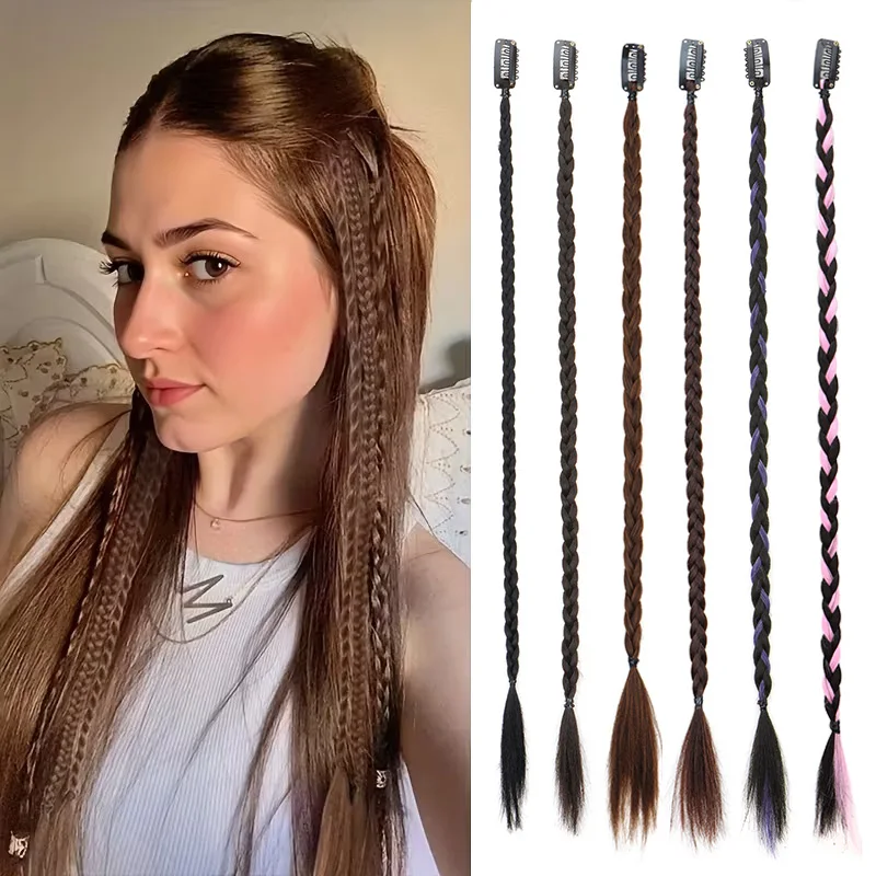 6pcs 20Inch Synthetic Long Box Straight Braid Ponytail Clip-In Hair Extension Mix Colors Hair Accessories for Women