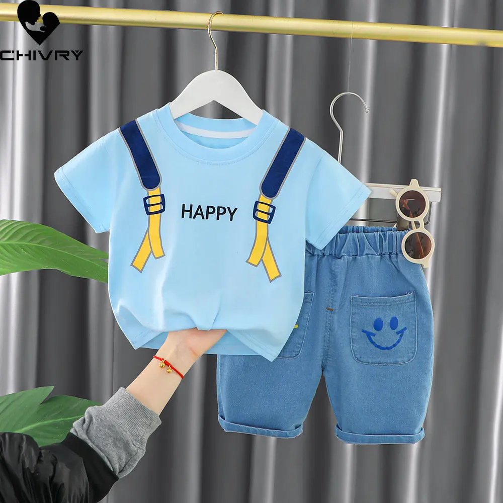 Jungen Sommer Kleidung Anzug Neue 2023 Baby Jungen Kurzarm Oansatz Cartoon Bär T-shirt mit Jeans-Shorts Kinder Kleidung Sets