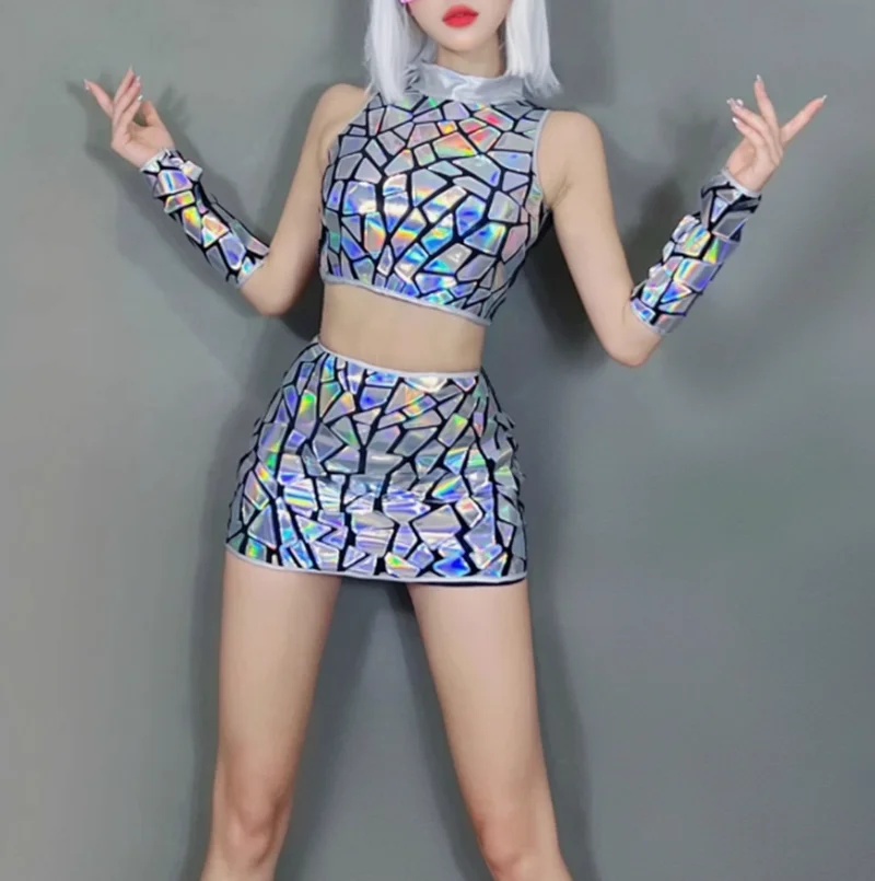 Laser Mirror Sequin Sleeveless Tops+Dress+Cuff 3pcs Set Kostium dla piosenkarki, tancerki, baru, klubu nocnego, sceny, urodzin, balu i pokazu