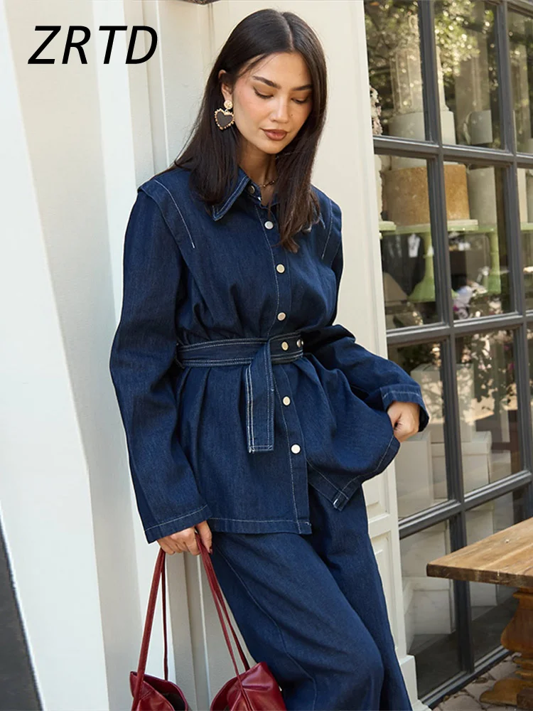 Casual Denim Pants Sets 2 Pieces For Women Belt Lapel Full Sleeve Jackets High Waist Wide Leg Pant 2025 Spring Lady Solid Outfit