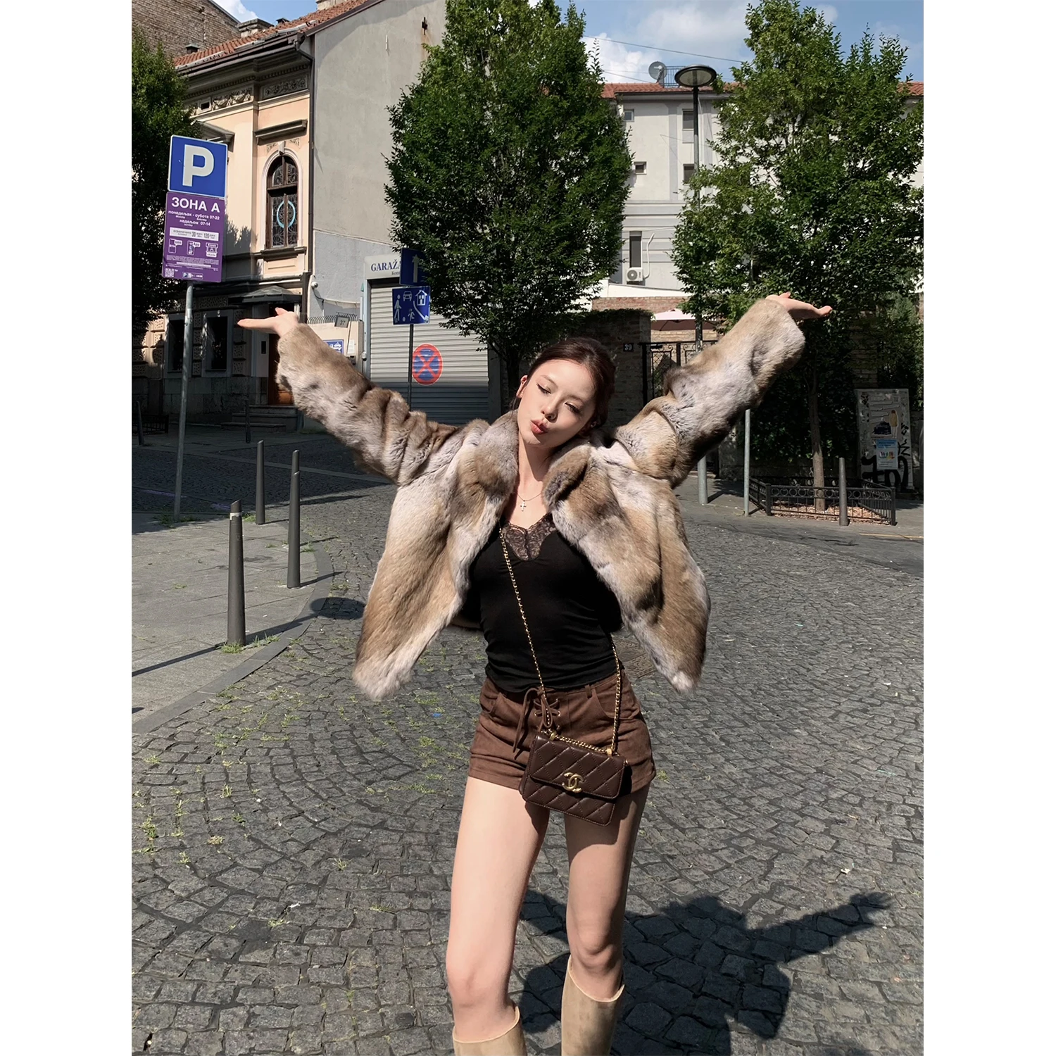 

Thirteen Xun South East Asia Night Stand Collar Double Version Fur Coat adient Crt Rabbit Fur Leather Jaet Women