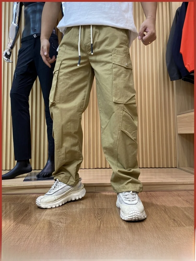 

American Retro Work Pants with Large kets Dstring Elastic Waist Cotton Casual Trousers Men's Loose Fit Knife Cuffe...