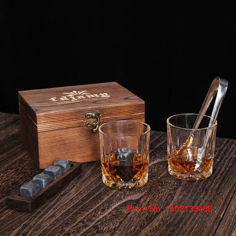 Whisky Glass And Stones Set Creative Wine Gift For Men Granite Ice Cube Whiskey Stones And Glass In Wooden Box Dropshipping