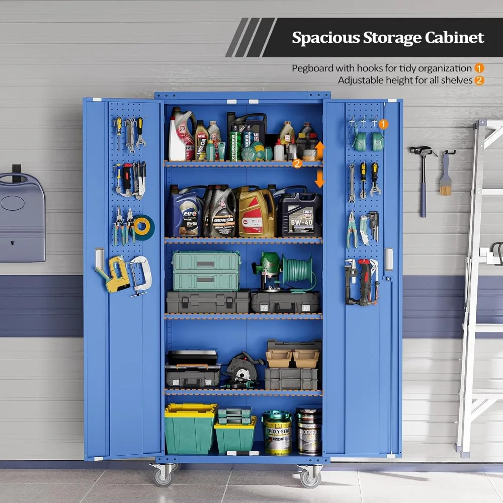 72'' Tall Metal Garage Storage Cabinet with Pegboards, Wheels, Locking Doors and Adjustable Shelves, File Cabinet/Tool