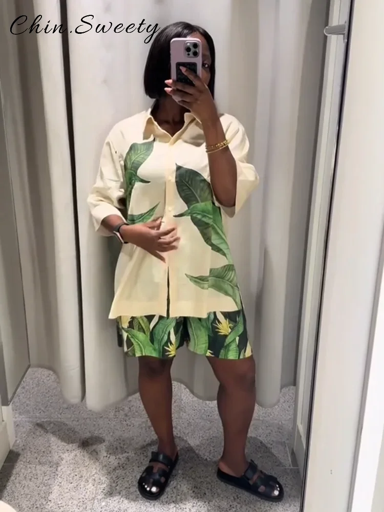 Chic Printed Shirts Shorts Sets Women Loose Lapel Half Sleeve Single Breasted Short Pants 2025 Summer Lady Beach Vacation Suits