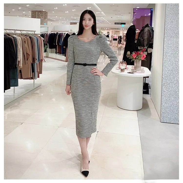 Ele Heart-aped Collar Midi Dr Slit Long Sve A-Line Silhouette High Waist Pure Color Autumn Faion Women's Dr