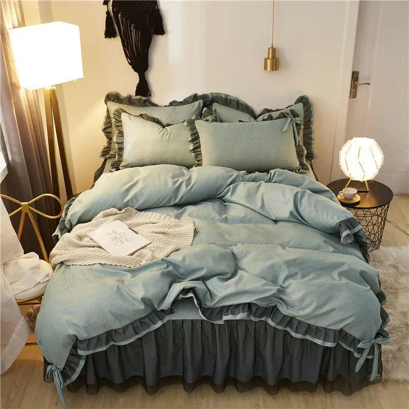 Comfotable Princess Bedding Sets Luxury Bed Skirt Sheet Pillowcase Cute Girl Duvet Cover 4 Pcs Bedding Set Bedroom Decoration