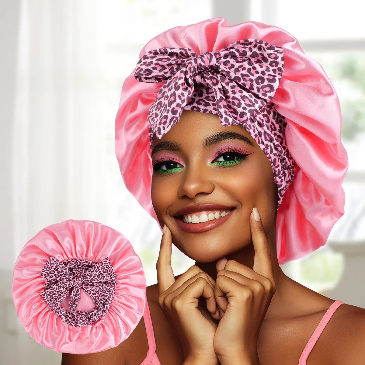 Women'S Satin Bonnet with Adjustable Band - Leopard Print Sleeping Cap for Curly Hair, Large Size Hair Protection