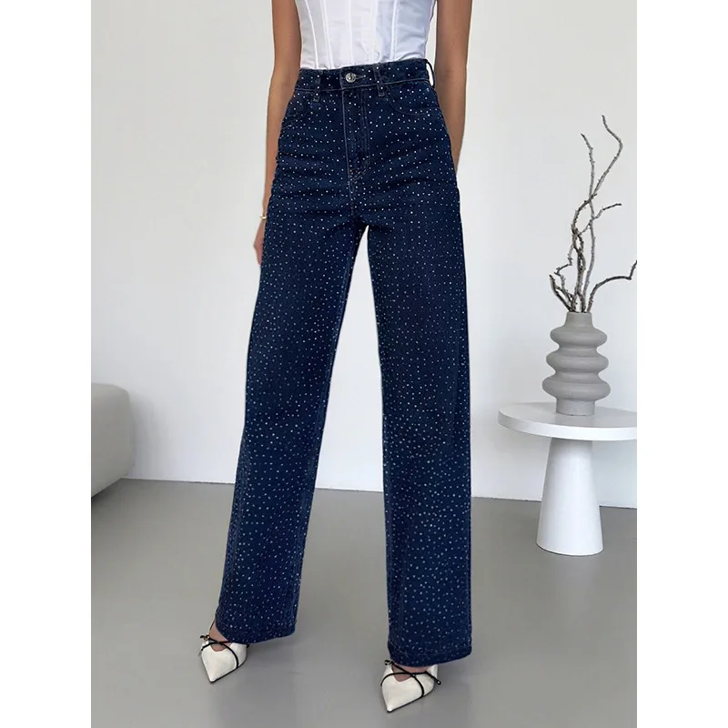 Tinaa Shining Hot-fix Rhinestones Women's Jeans 2025 Vintage Street Straight High Waist Pockets Full-length Denim Pants Woman