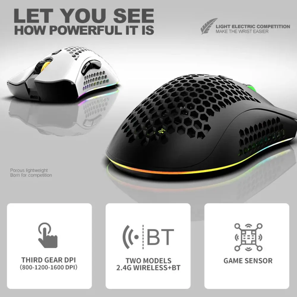 2.4G+Bluetooth Wireless Gaming Mouse Lightweight Honeycomb Hollow Programmable RGB Backlit Optical Rechargeable Computer Mice