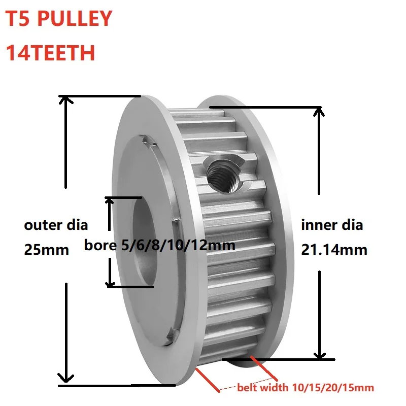 T5 14Teeth Belt Pulley Synchronous Wheel Timing Belt Width 10/15/20/25mm Bore Hole 5/6/8/10/12 Belt Pulley Machine Parts