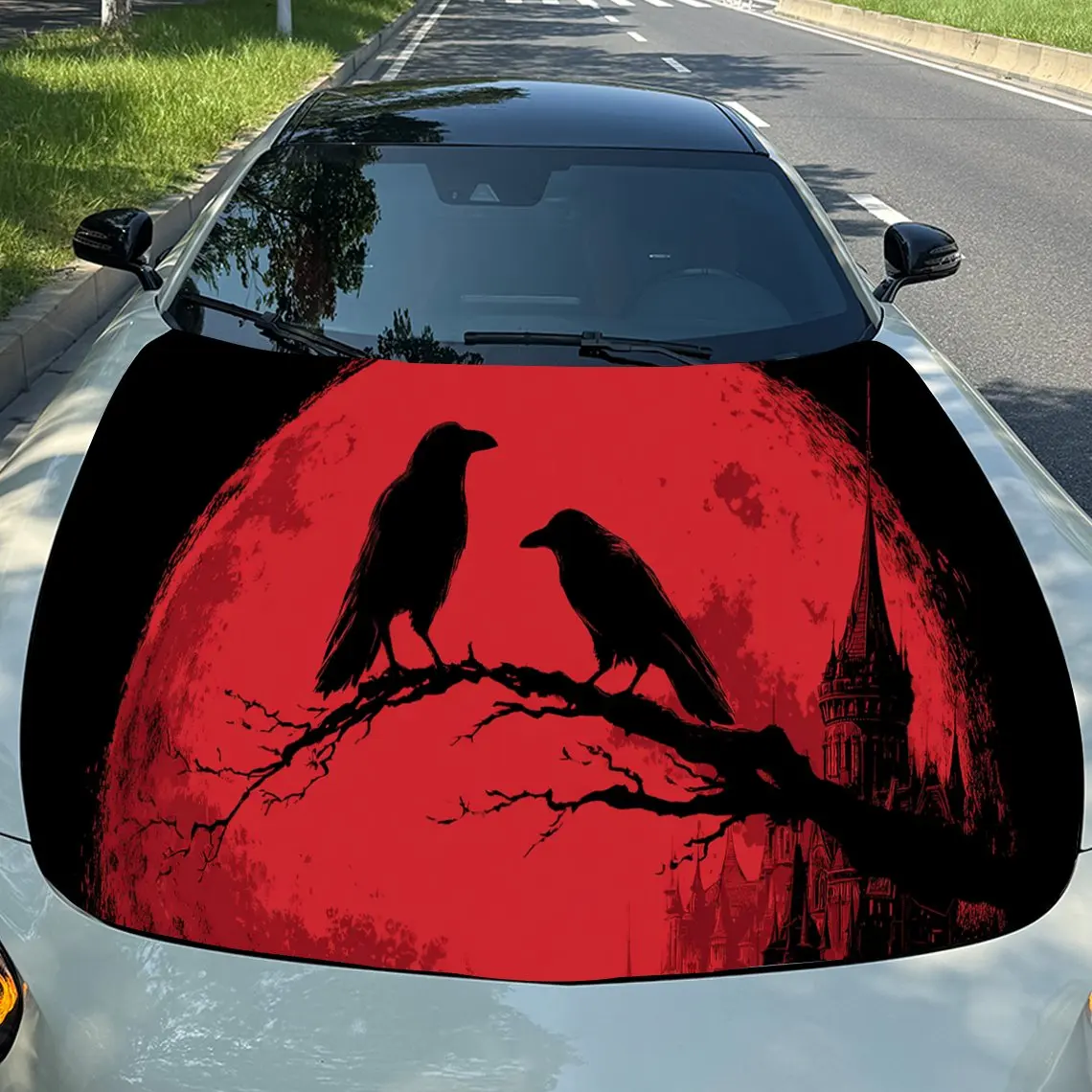 

Gothic Raven Blood Moon Wonder PVC Car Engine Hood Vinyl Wraps, Self-Adhesive Waterproof Car Hood Decal Sticker, Car Decoration