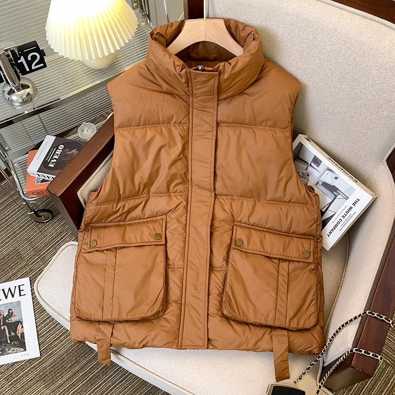 

2023 New Standing Collar Large Pocket Short Vest Coat Trendy Down Cotton Coat Women's Waistcoat
