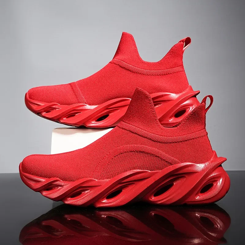 

Red Men's Running Shoes Knit Platform Blade Sneakers For Men High Top Socks Slip-on Walking Shoes Women tenis masculino
