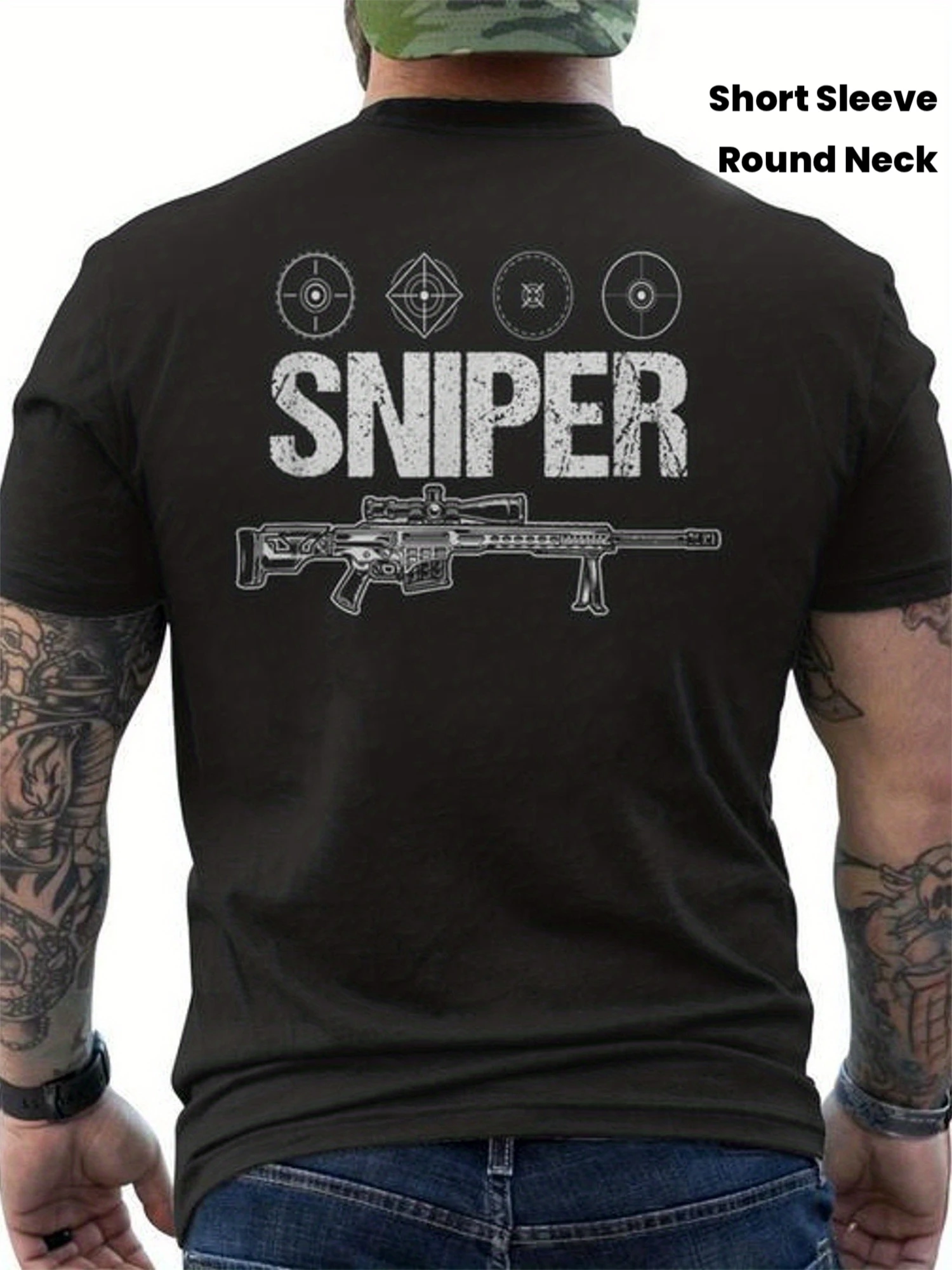 Short Sleeve Round Neck Black Cotton Regular Fit Sniper Rifle and Target Design Military Inspired Graphic Tee for Men