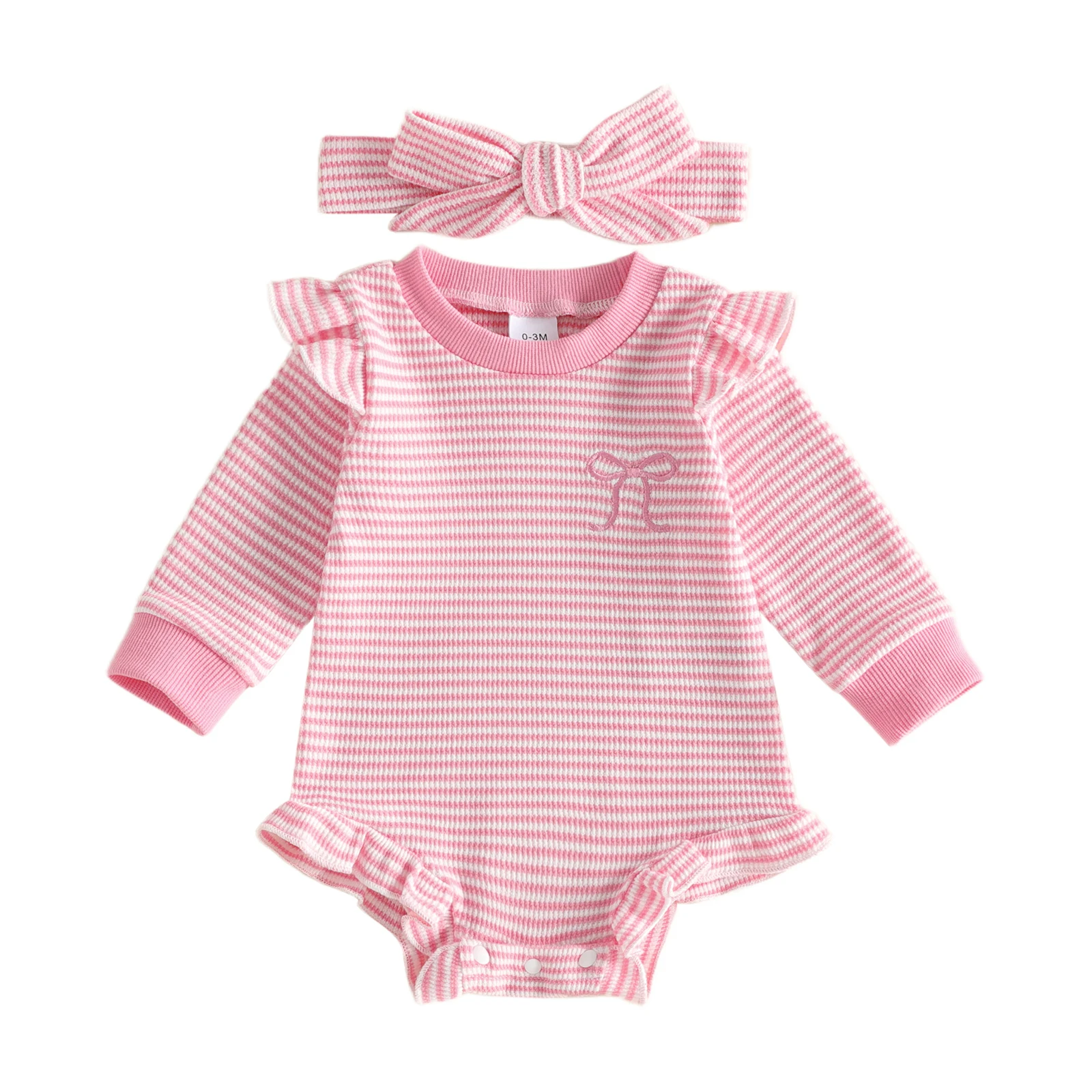 Baby Girls Striped Waffle Romper Bow Embroidery Jumpsuits and Bow Headband
