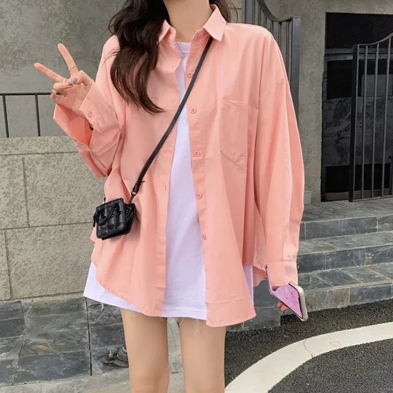 Spring Autumn New Pink Loose Korean Blouse Long Sleeve Polo Neck Solid All-match Fashion Shirt Tops Casual Sweet Women Clothing