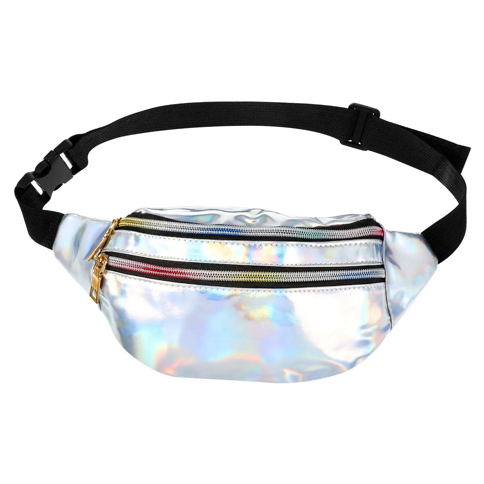 Sac de taille holographique en PU brillant, 1 pièce, sangle réglable, sac de ceinture de voyage, grande capacité, pochette de taille unisexe pour téléphone et portefeuille