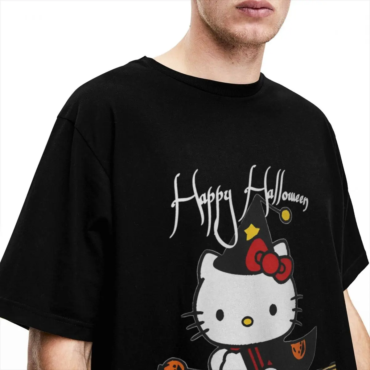 Halloween Kawai Ghost Funny Hello Kitty T-Shirt Novelty T-Shirts Short Sleeve  Tshirt Beach 100% Cotton O-Neck Plus Size Tees