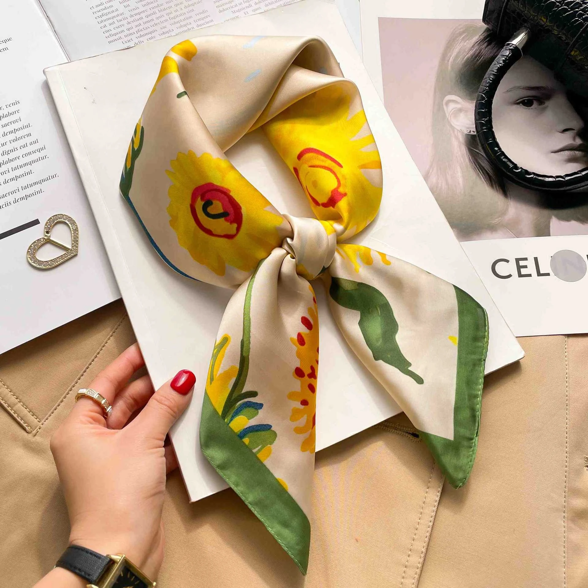 Fashion 70cm Green Print Square Silk Scarf Women Satin Neck Scarves Wrap Headkerchief Beach Hair Band Women's Bandana image 3