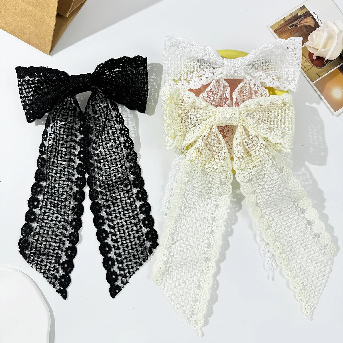 24pc/lot Lace Embroidered Bow Hair Clips Kids Long Tassel Hairpins Women Girls Headwear Girls Long Bow Hairgrips Wholesale Price