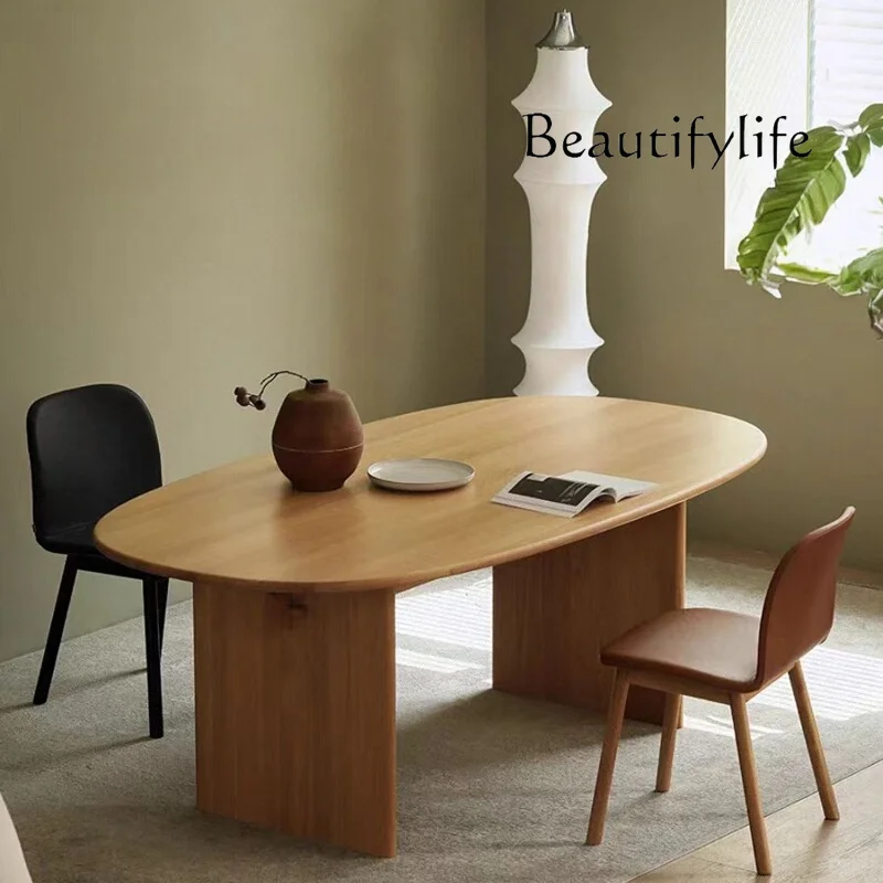 

Nordic Japanese log dining table household small apartment all solid wood eating table simple oval desk workbench