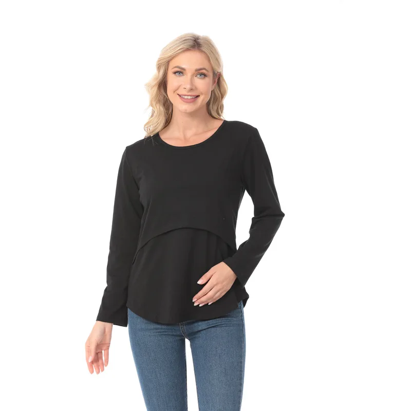 القطن الأمومة الرضاعة الطبيعية بلايز بلوزة التمريض قمصان فضفاضة عادية النساء الحوامل الصلبة طويلة الأكمام الرضاعة تي شيرت بلوزة