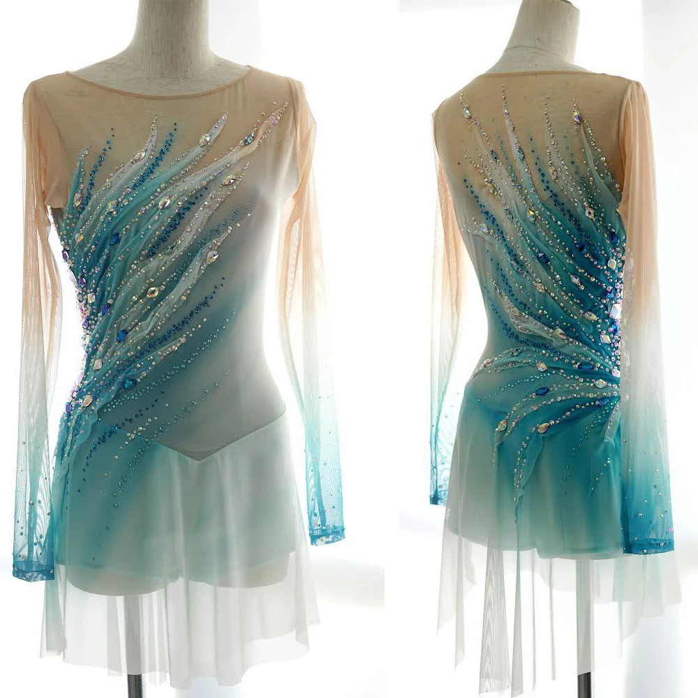 LIUHUO Ice Figure Skating Dress Women Girl Competition Rhinestone Gradient Teens Skating Dress Female Dancewear Skating Dress