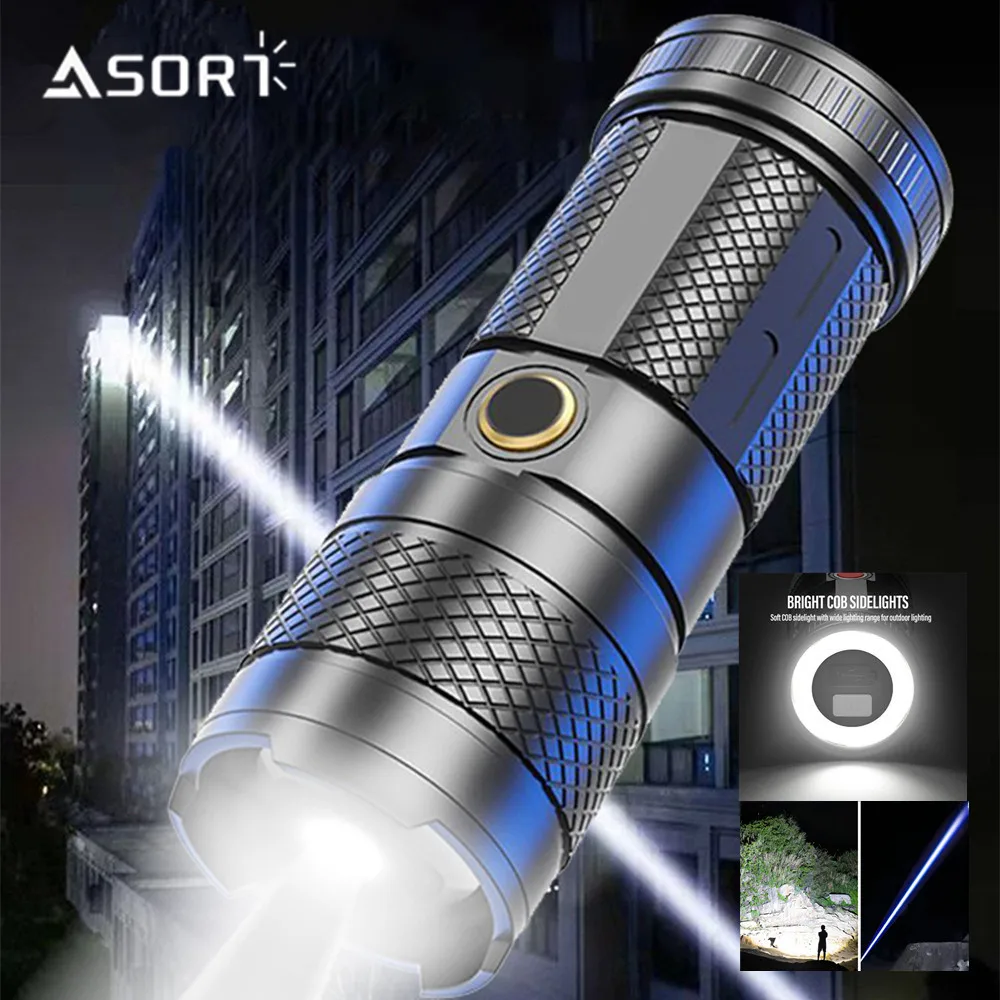 Powerful Long Range LED Flashlight Camping Torch Telescopic Zoom With Tail COB Floodlight Multiple Lighting Modes