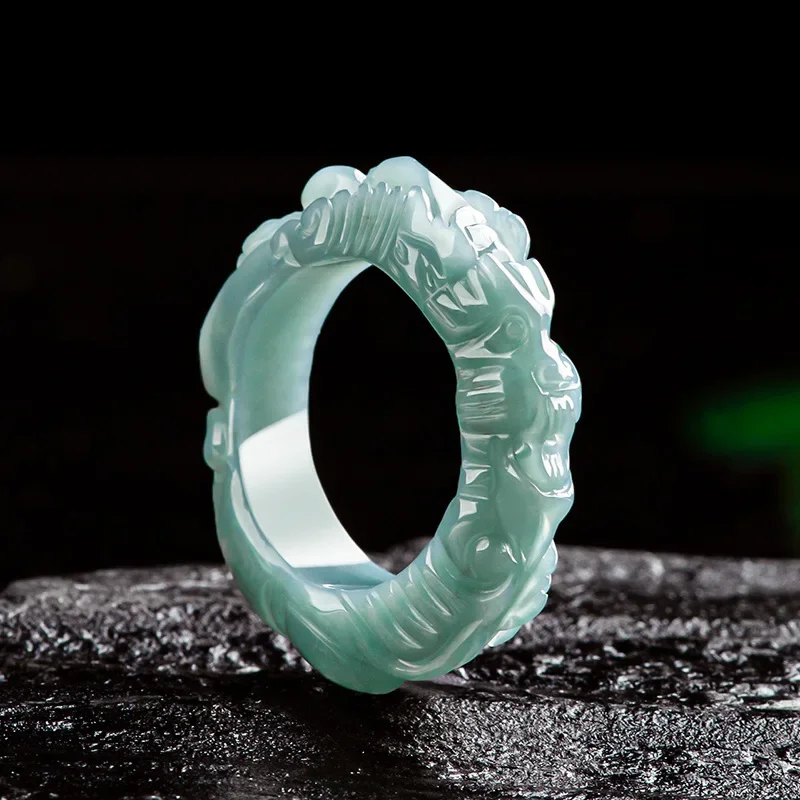 

Jiale/Natural Hand-carved Jade Blue Water Emerald Three-dimensional Carved Zodiac Dragon Ring Men and Women Couple Jewelry Gifts