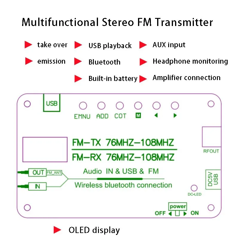 0.5W 스테레오 FM 송신기는 USB Bluetooth 리튬 배터리 구동 캠퍼스 FM 오디오 및 비디오 신호 송신기를 지원합니다.