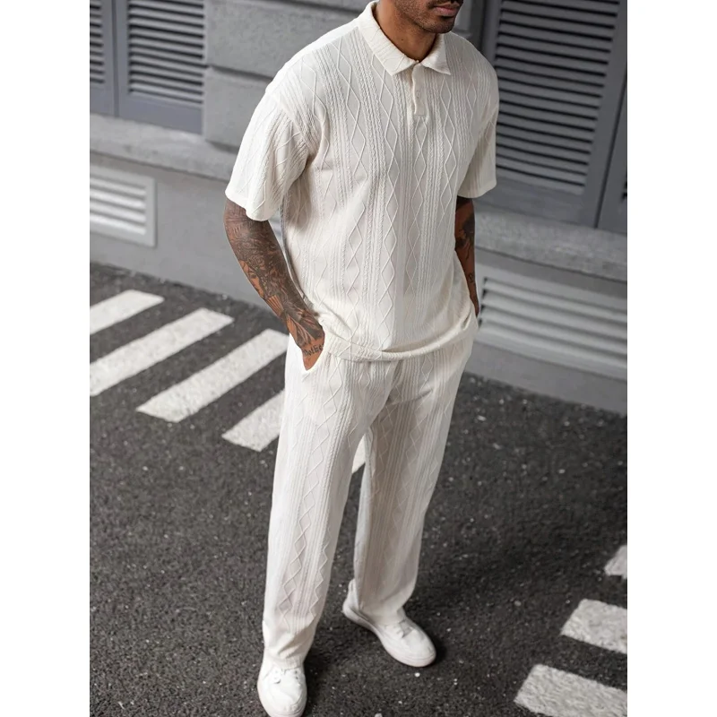 All-MatchingLilbetterJacquard Textured KnitpoloShirt Men's Short Sleeve+Men's Casual Two-Piece Pants Set